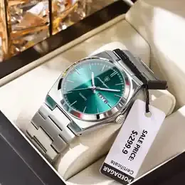 POEDAGAR luxury men's stainless steel quartz watch with green dial