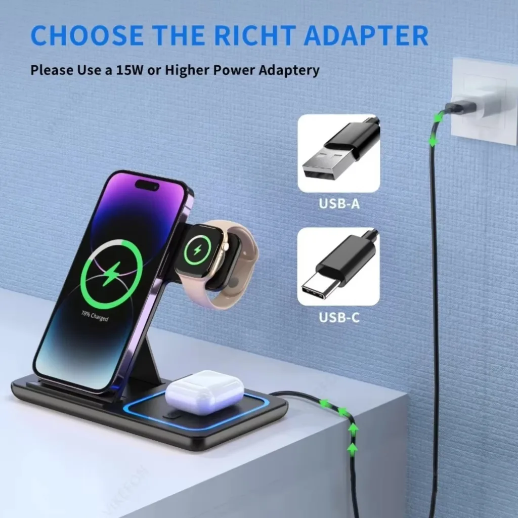 Foldable 3 in 1 wireless charging station for phone, smartwatch and earbuds