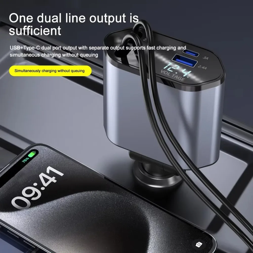 Retractable Dual-Line Car Charger • USB + Type-C Fast Charging product image