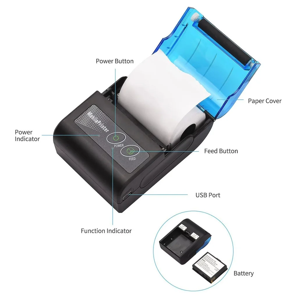 58mm Mini Portable Thermal Receipt Printer • Bluetooth + USB product image