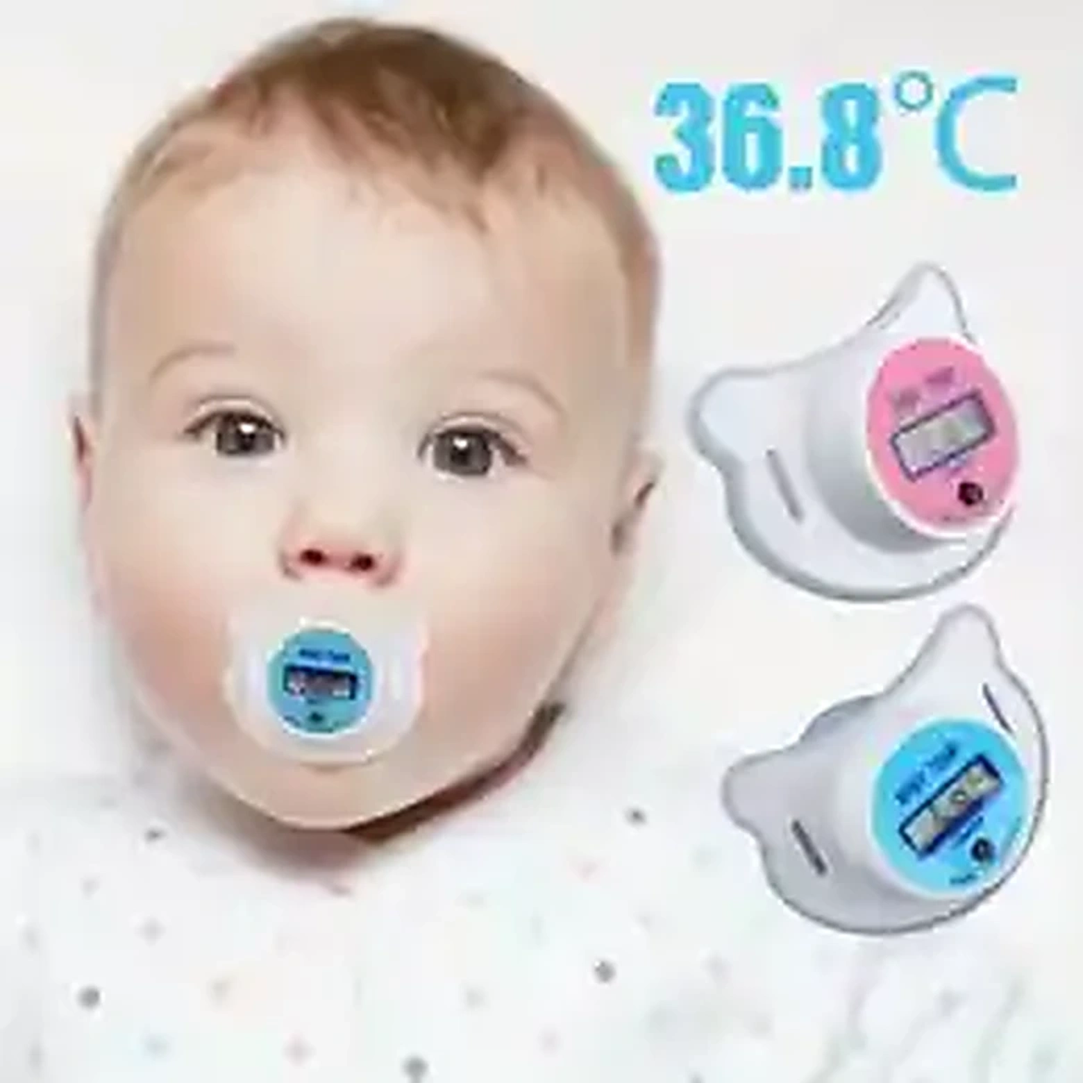 Baby pacifier digital thermometer showing 36.8 degrees Celsius