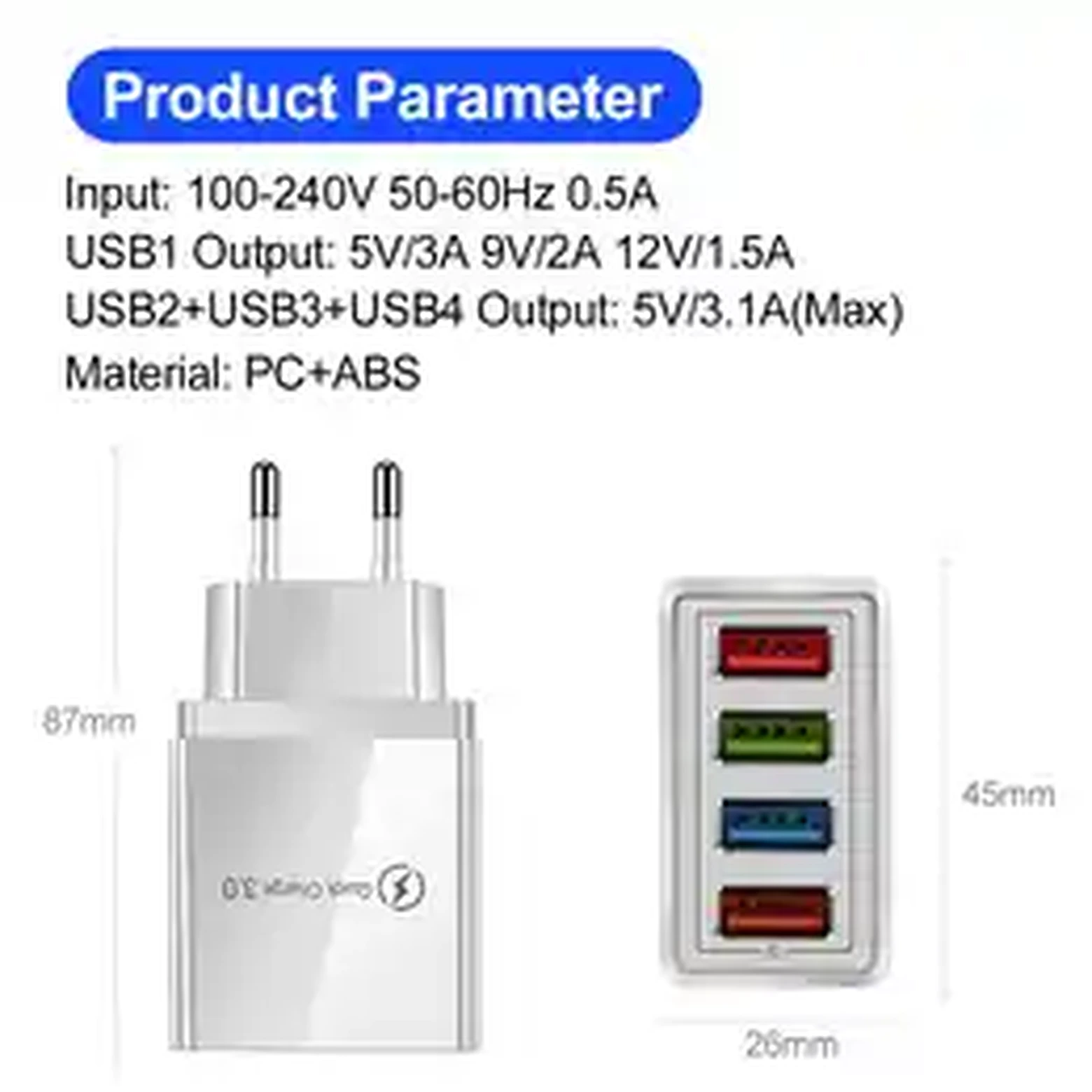 3A USB Charger 4-Port Quick Charge 3.0 Wall Adapter product image