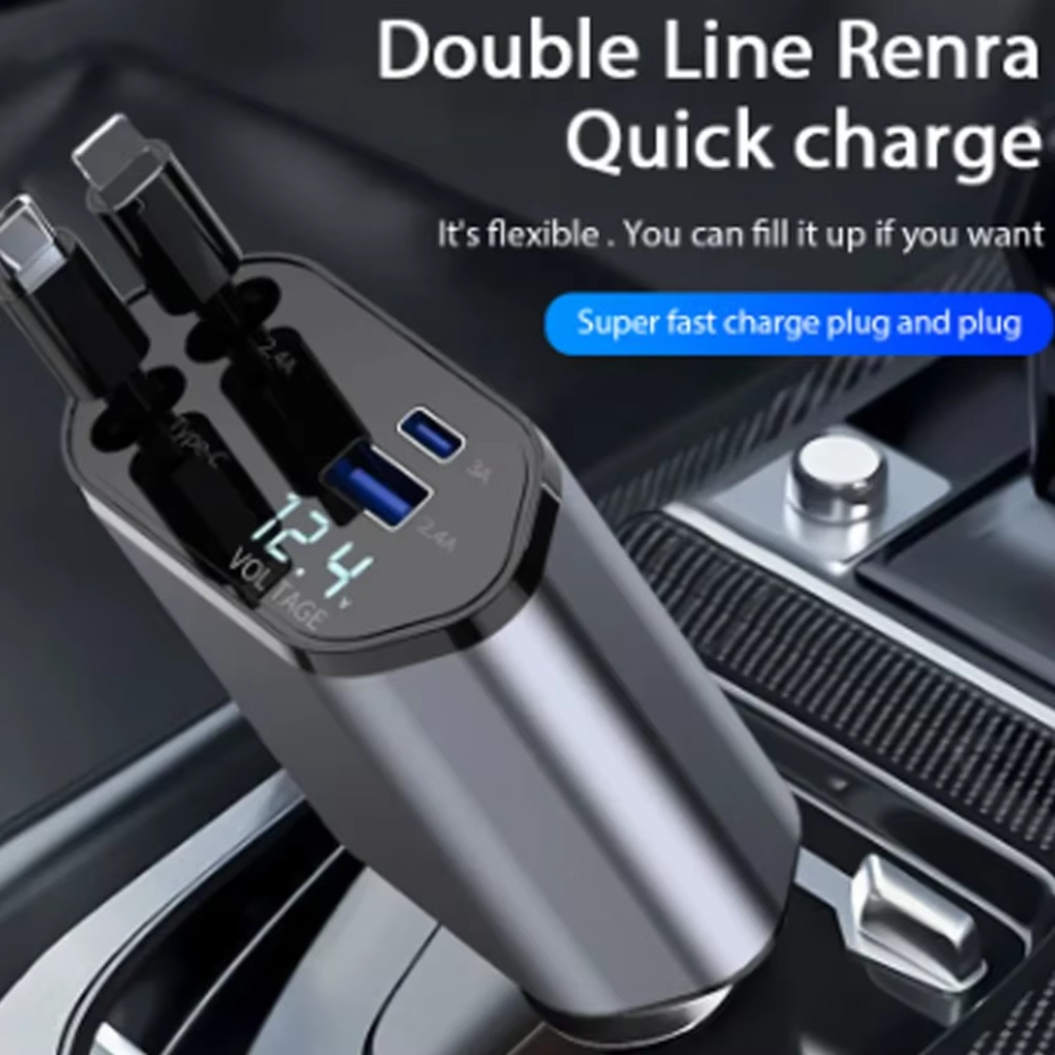 Retractable dual-line car charger with digital voltage display and USB Type-C ports