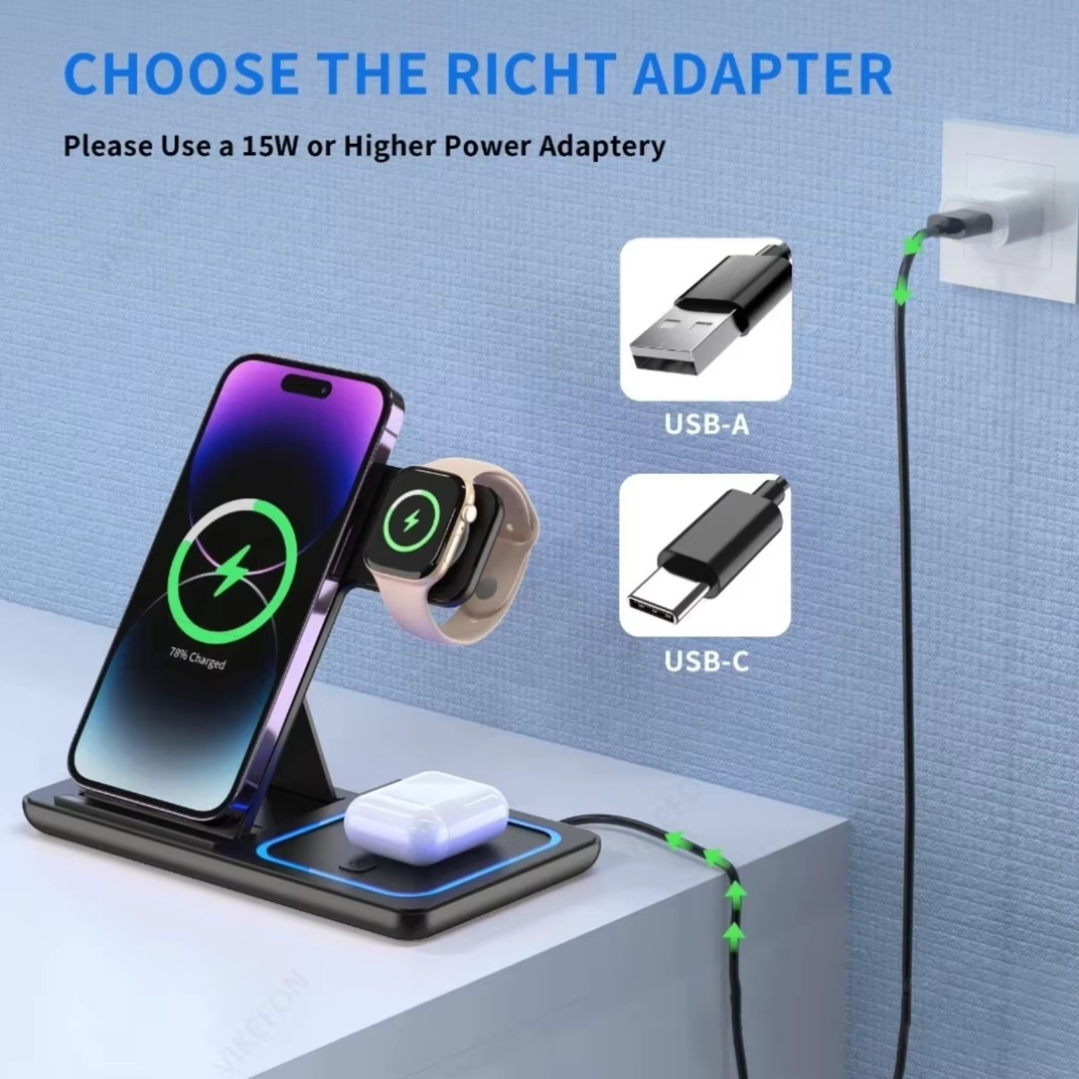 Foldable 3 in 1 wireless charging station for phone, smartwatch and earbuds