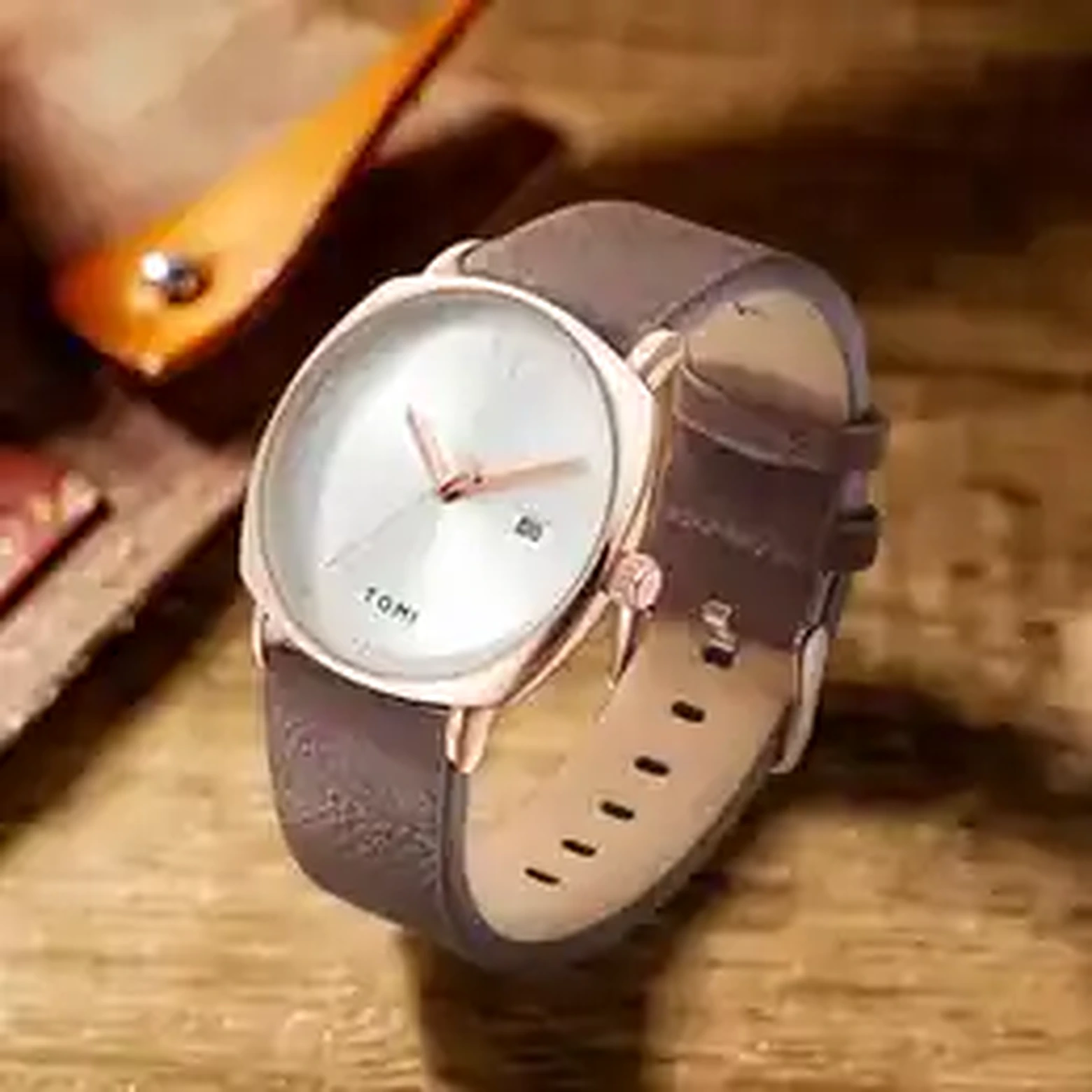 TOMI men's rose gold white dial leather watch