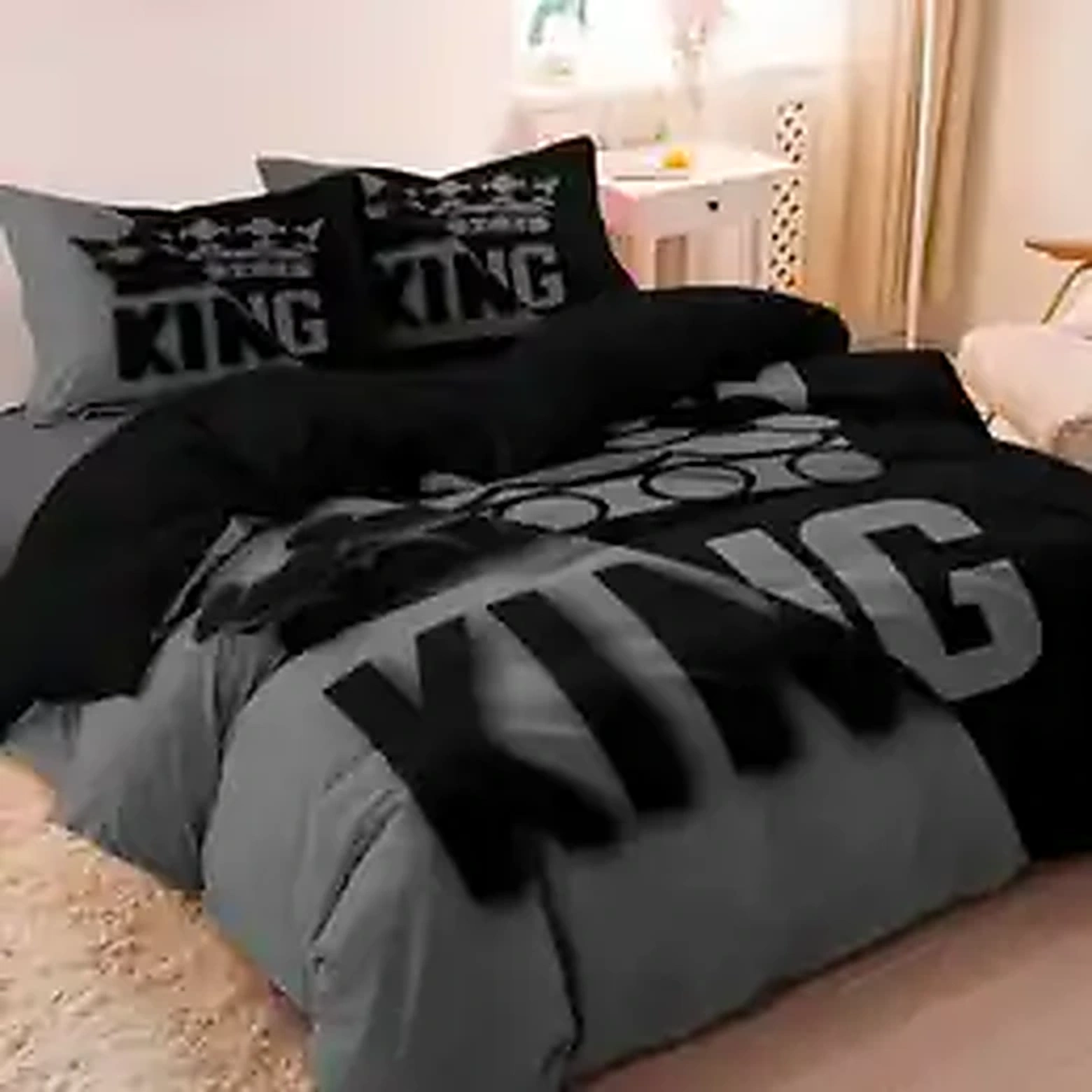 Black and gray king queen size patterned duvet cover set
