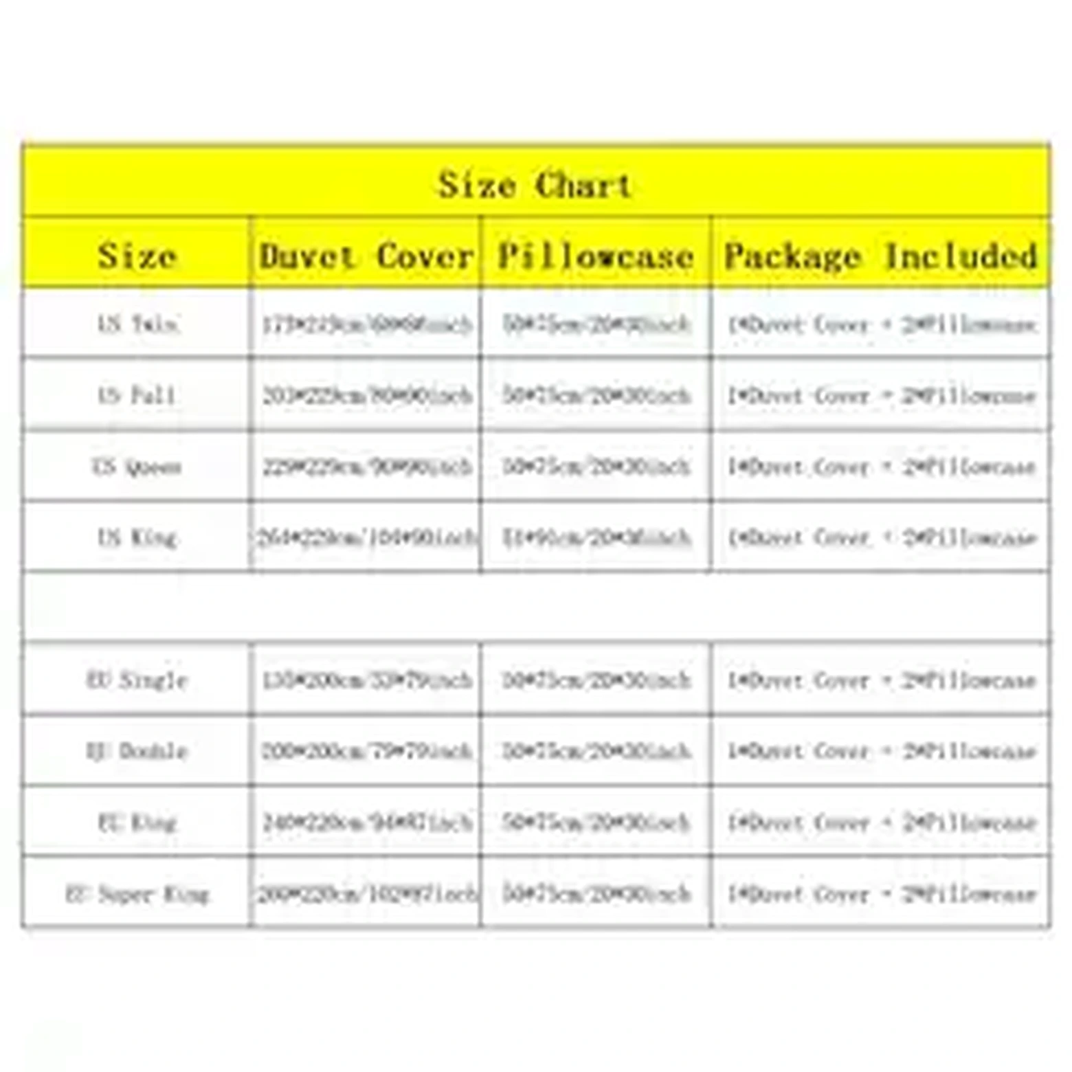 Duvet cover size chart for US and EU sizes
