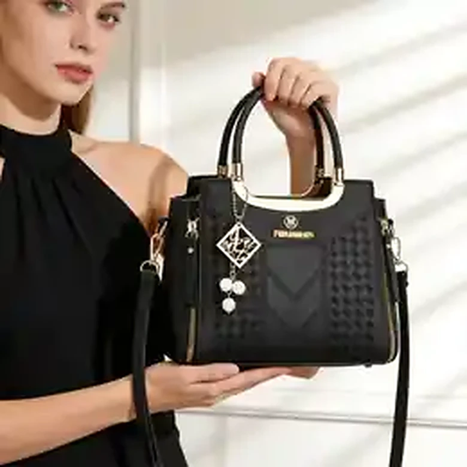 3-piece women's handbag set in black lychee-grain PU leather