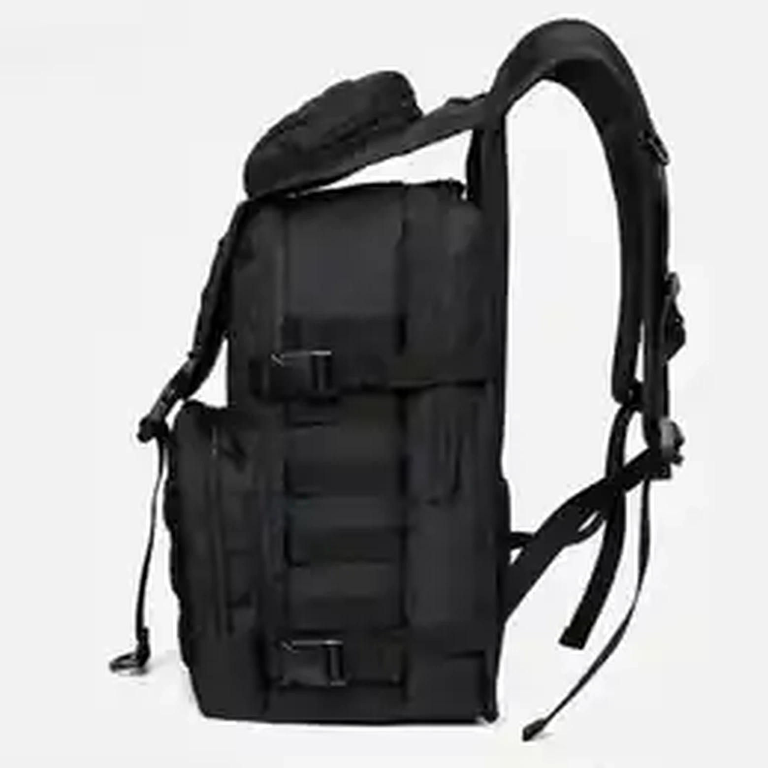 Black tactical backpack side and rear view