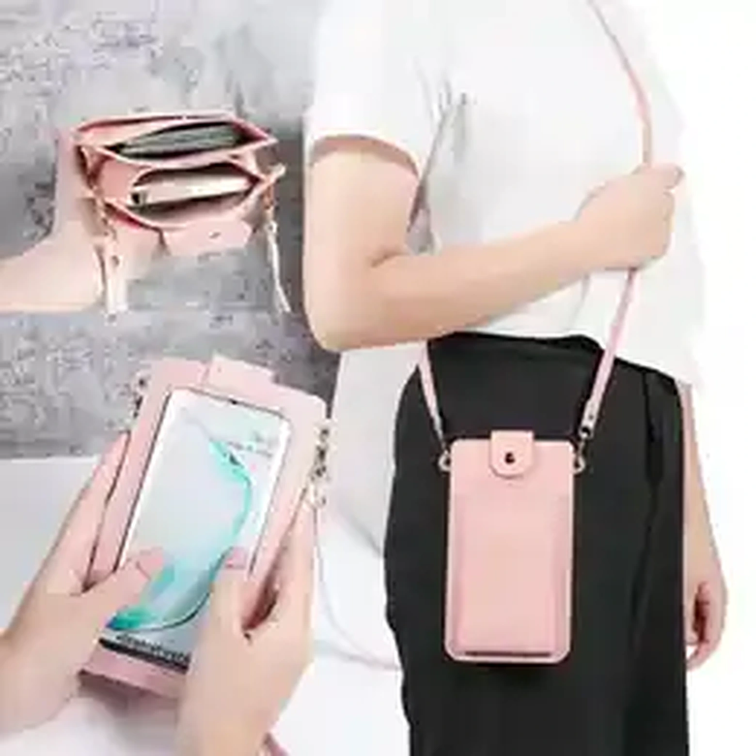 Pink crossbody mobile phone bag worn as a shoulder bag