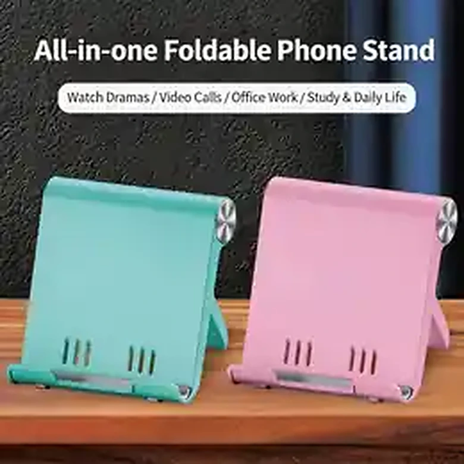 Foldable phone stand in pink and mint colors