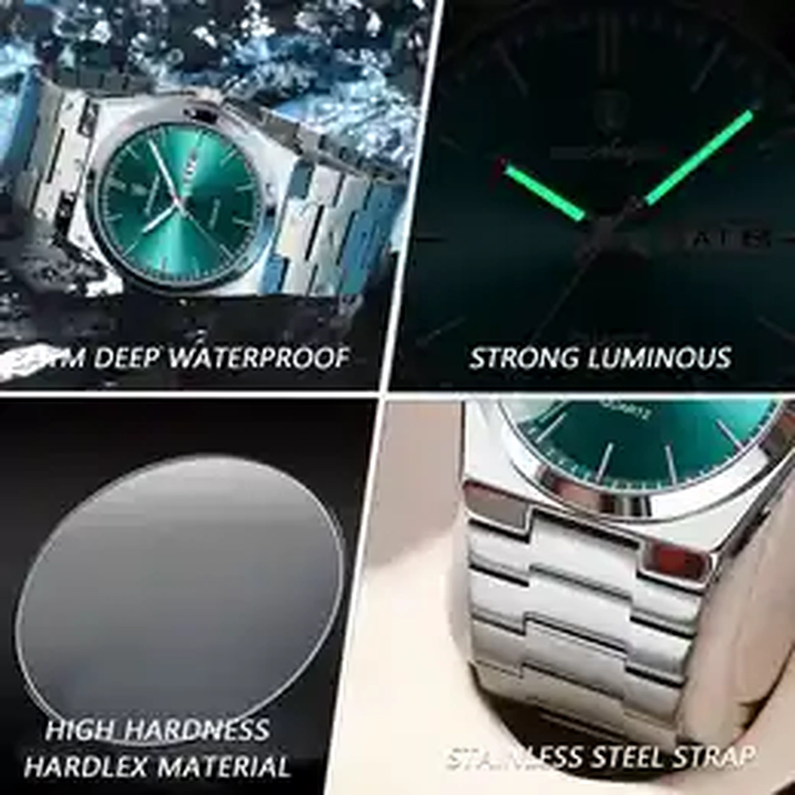 POEDAGAR stainless steel watch green dial close-up
