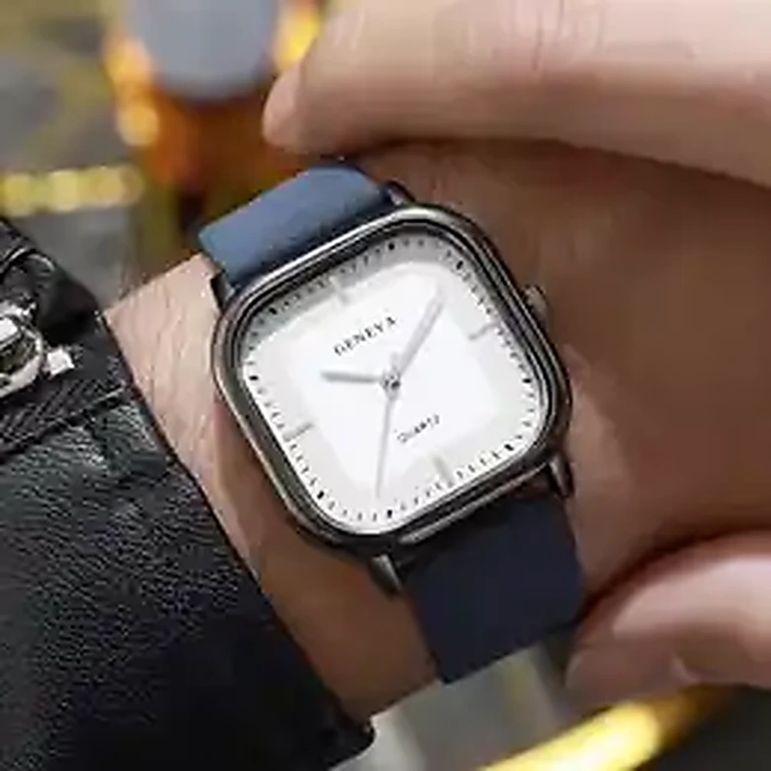 Geneva square dial watch collection in black brown and blue straps