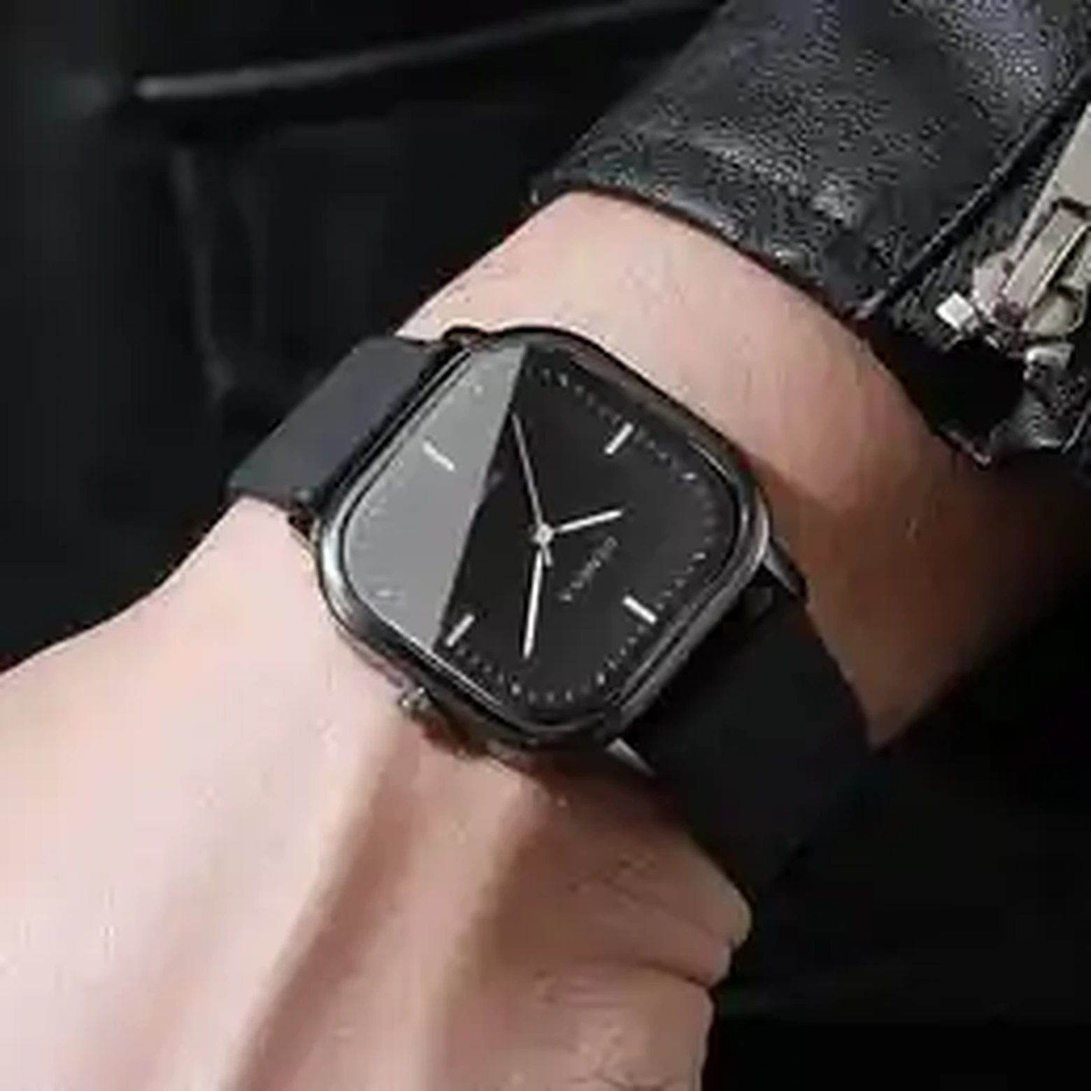 Geneva square dial watch black face brown leather strap