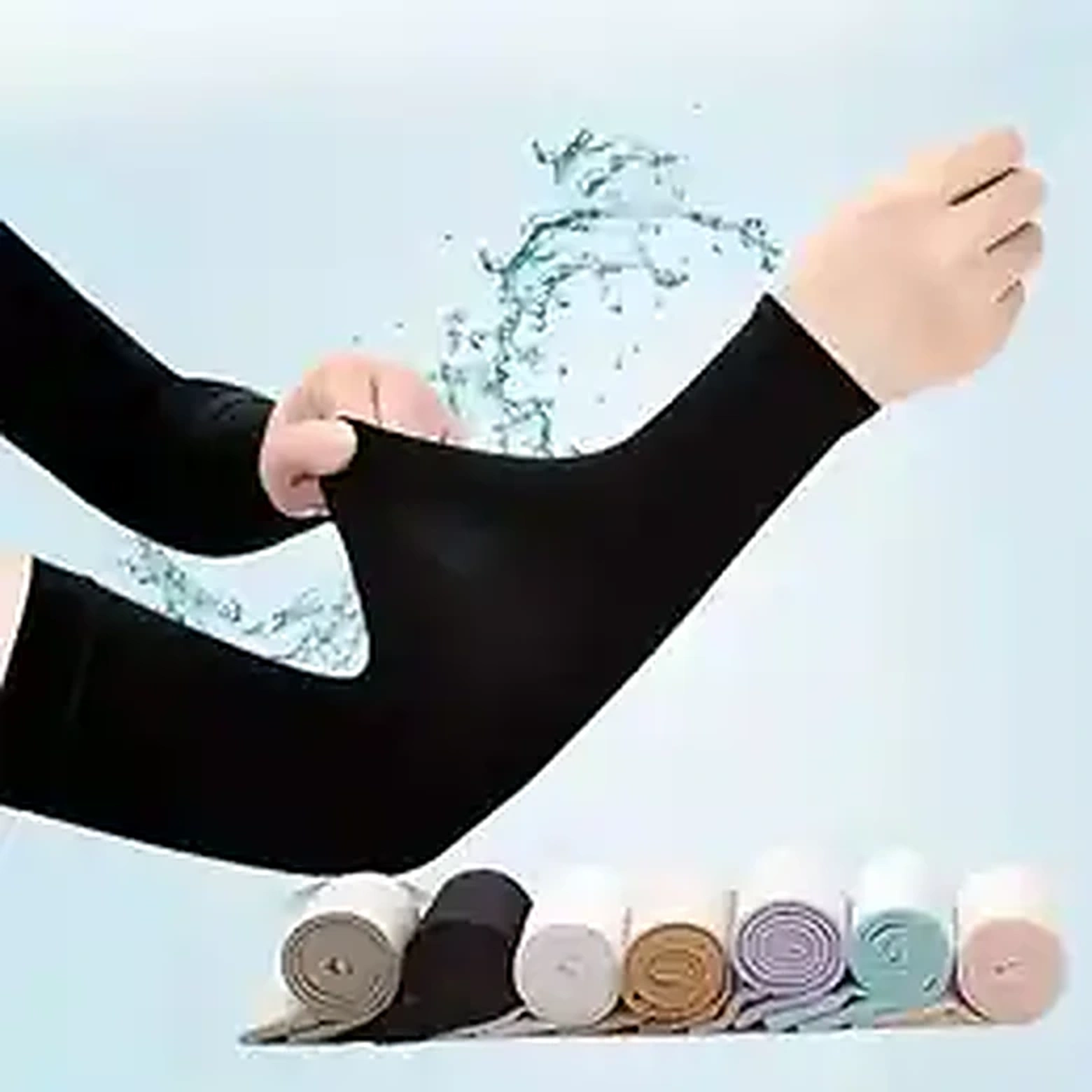 Black cooling arm sleeves stretched for outdoor use