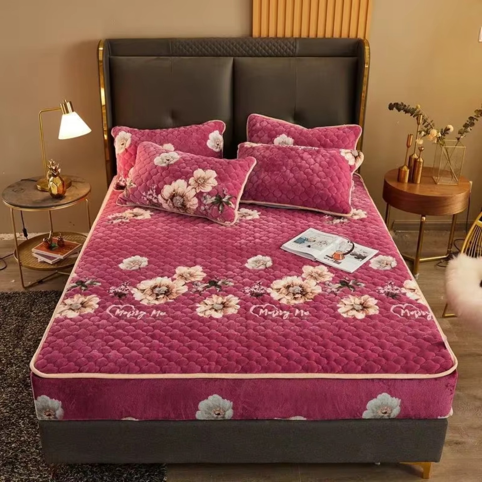 Thicken quilted warm plush mattress protector cover