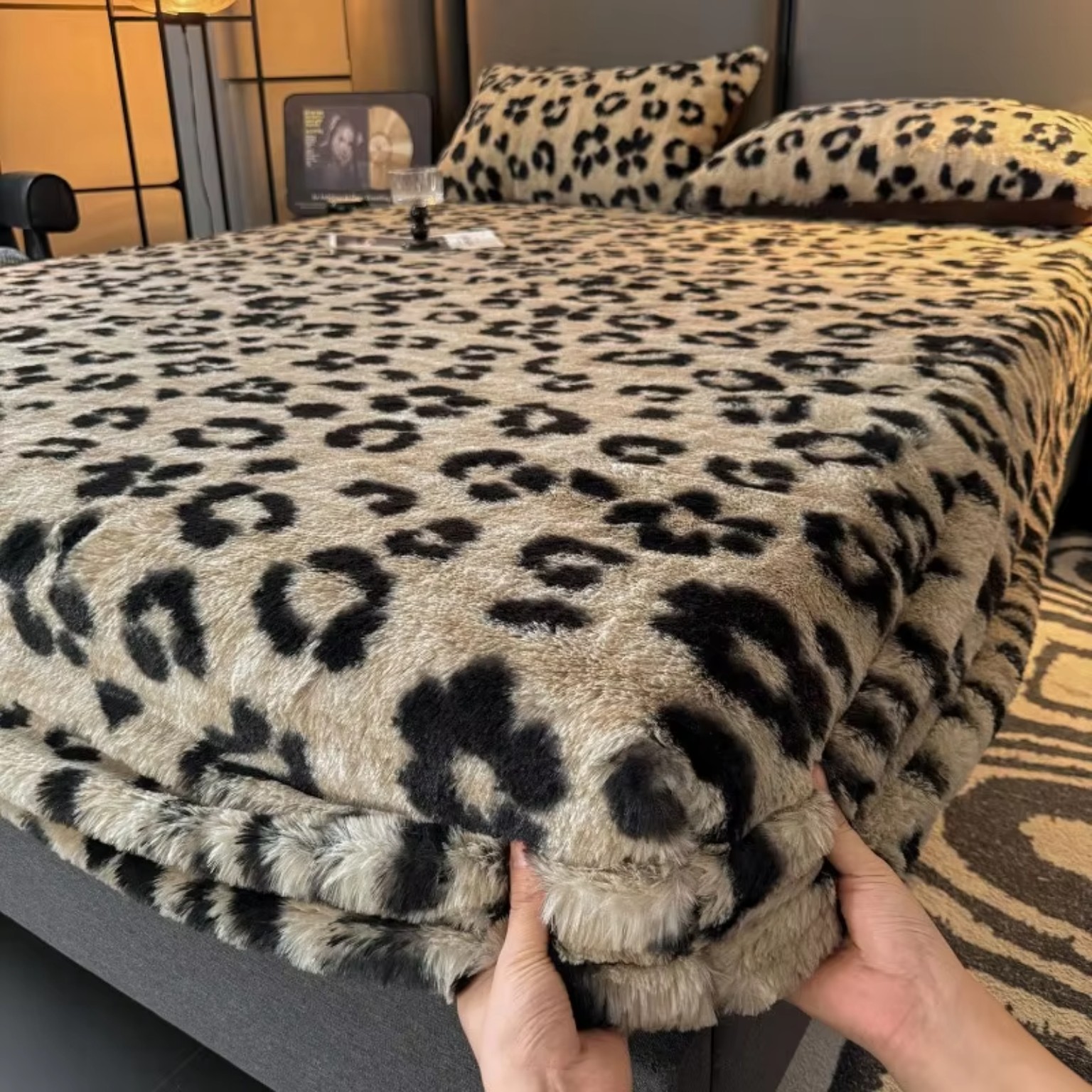 Leopard print cover shown folded and layered
