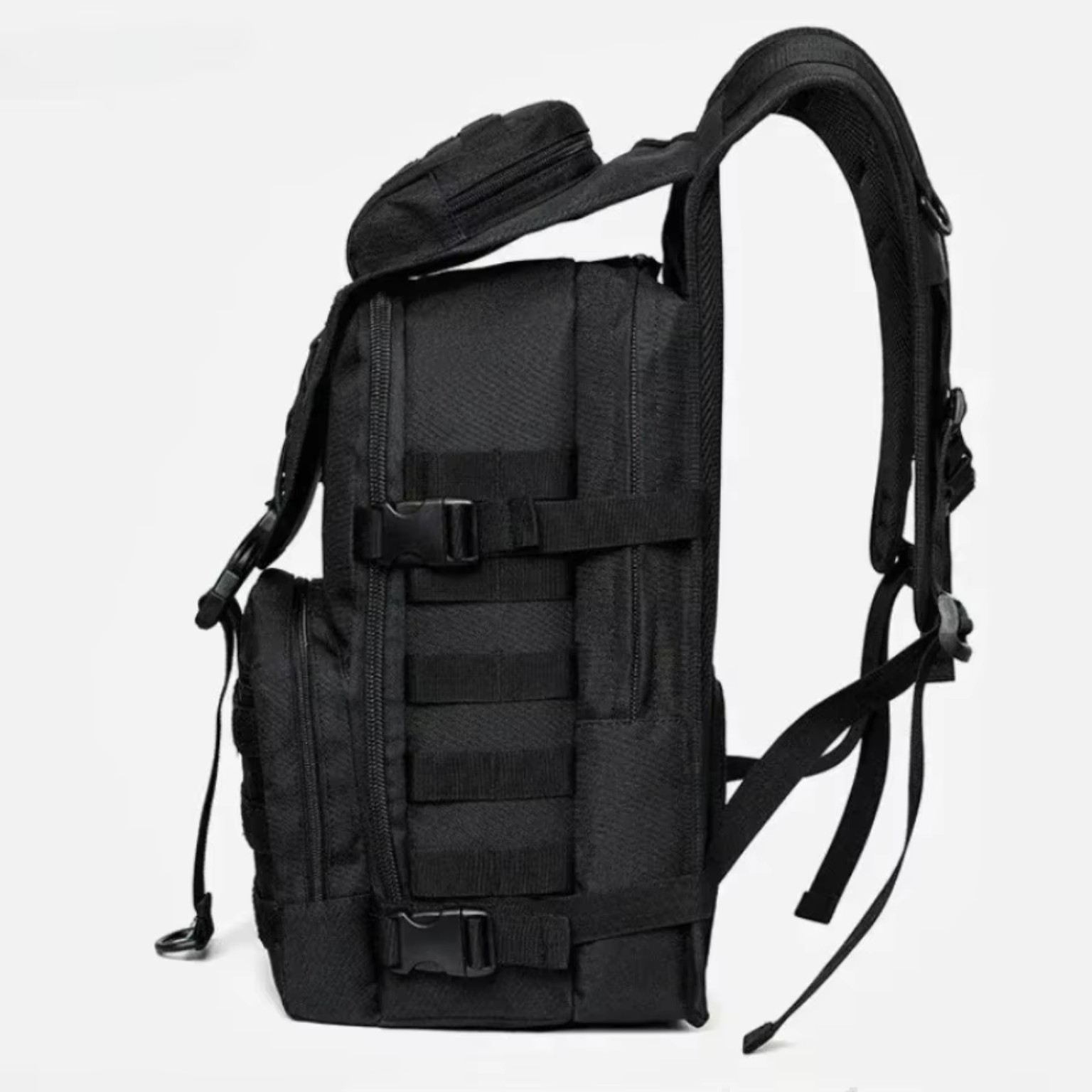 Black tactical backpack side and rear view