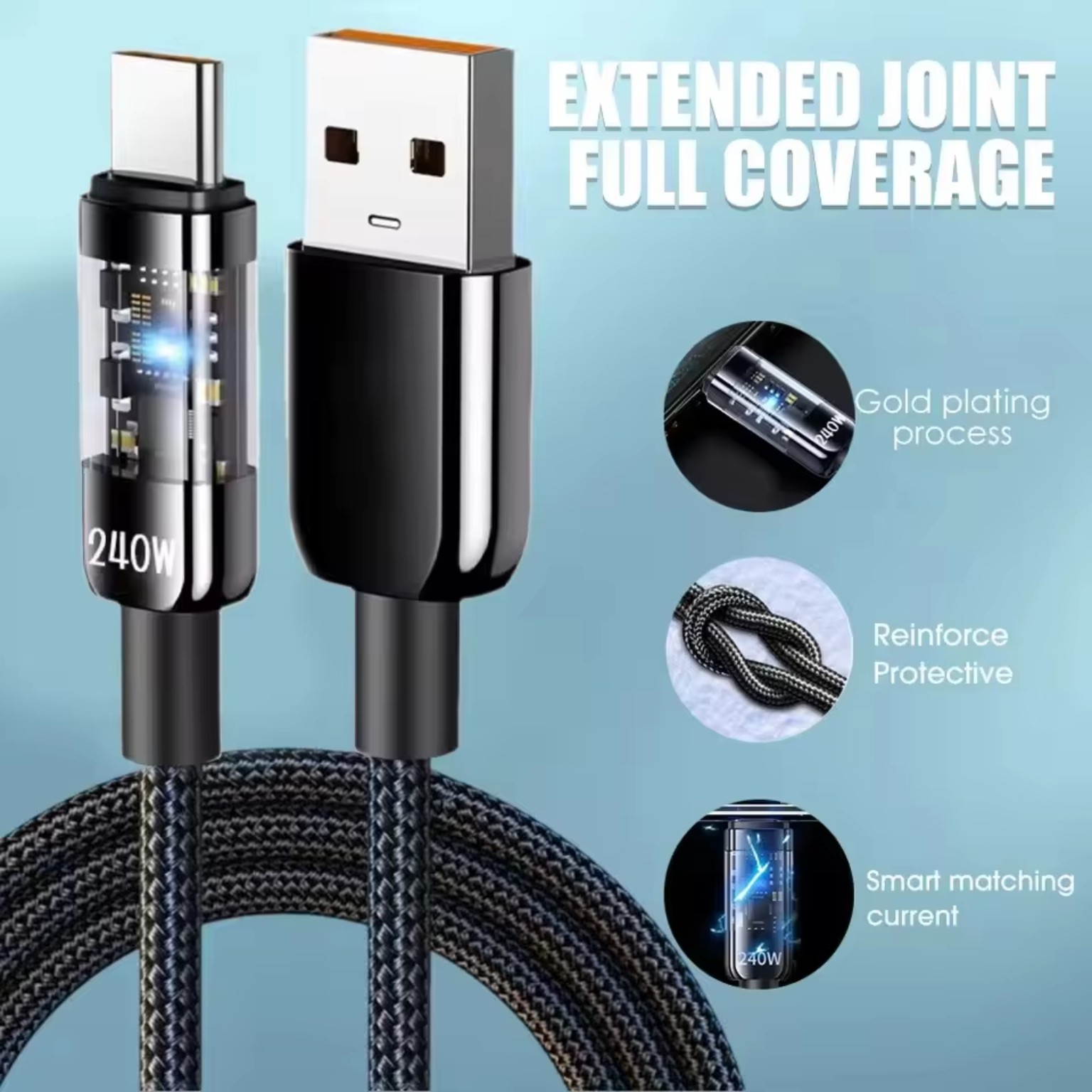 240W USB-C cable connector and reinforced joint