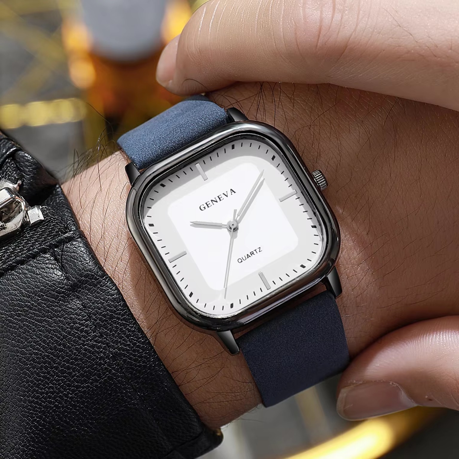 Geneva square dial watch collection in black brown and blue straps