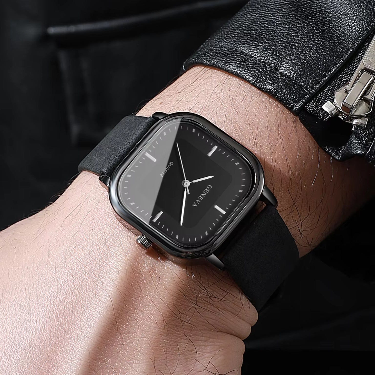 Geneva square dial watch black face brown leather strap