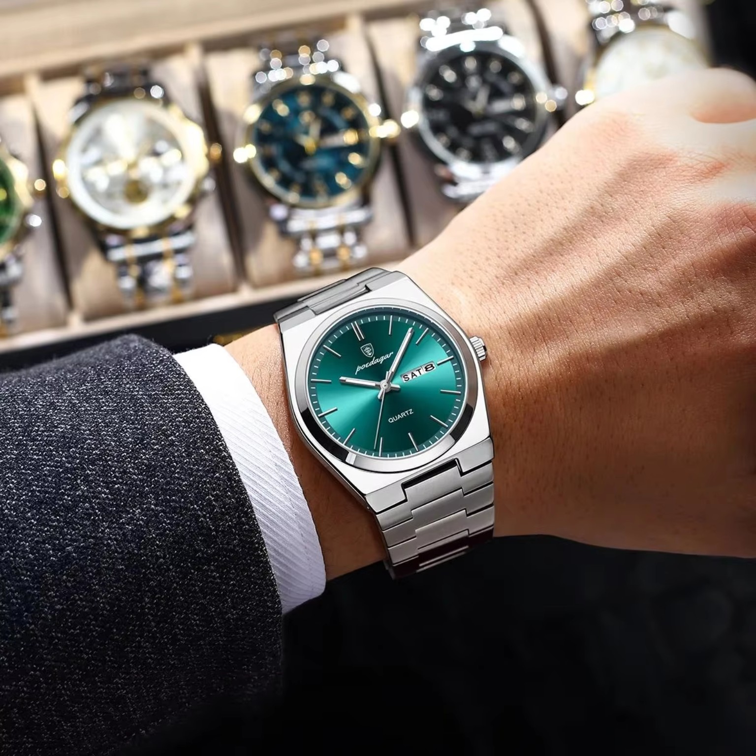 POEDAGAR green dial watch worn on wrist