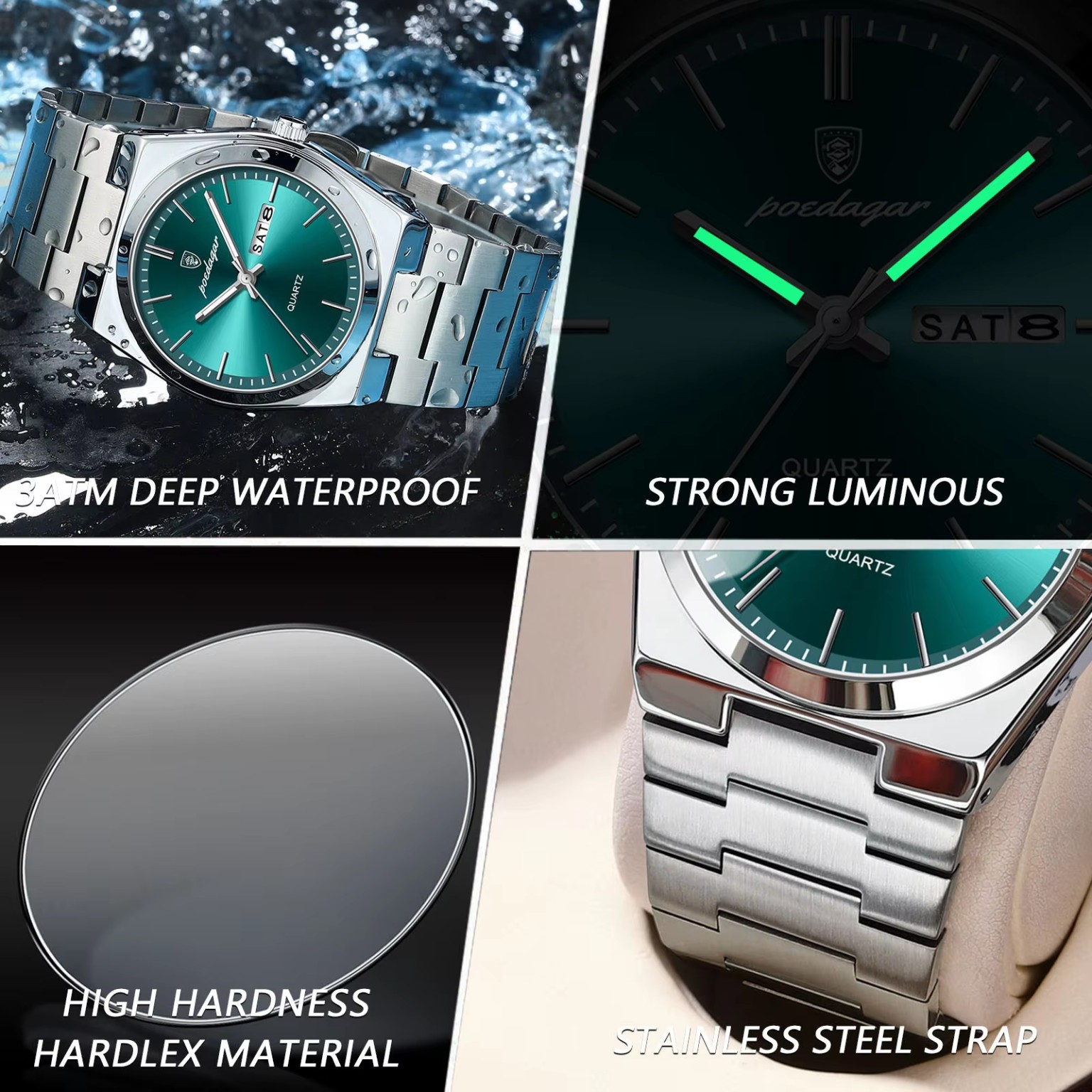 POEDAGAR stainless steel watch green dial close-up