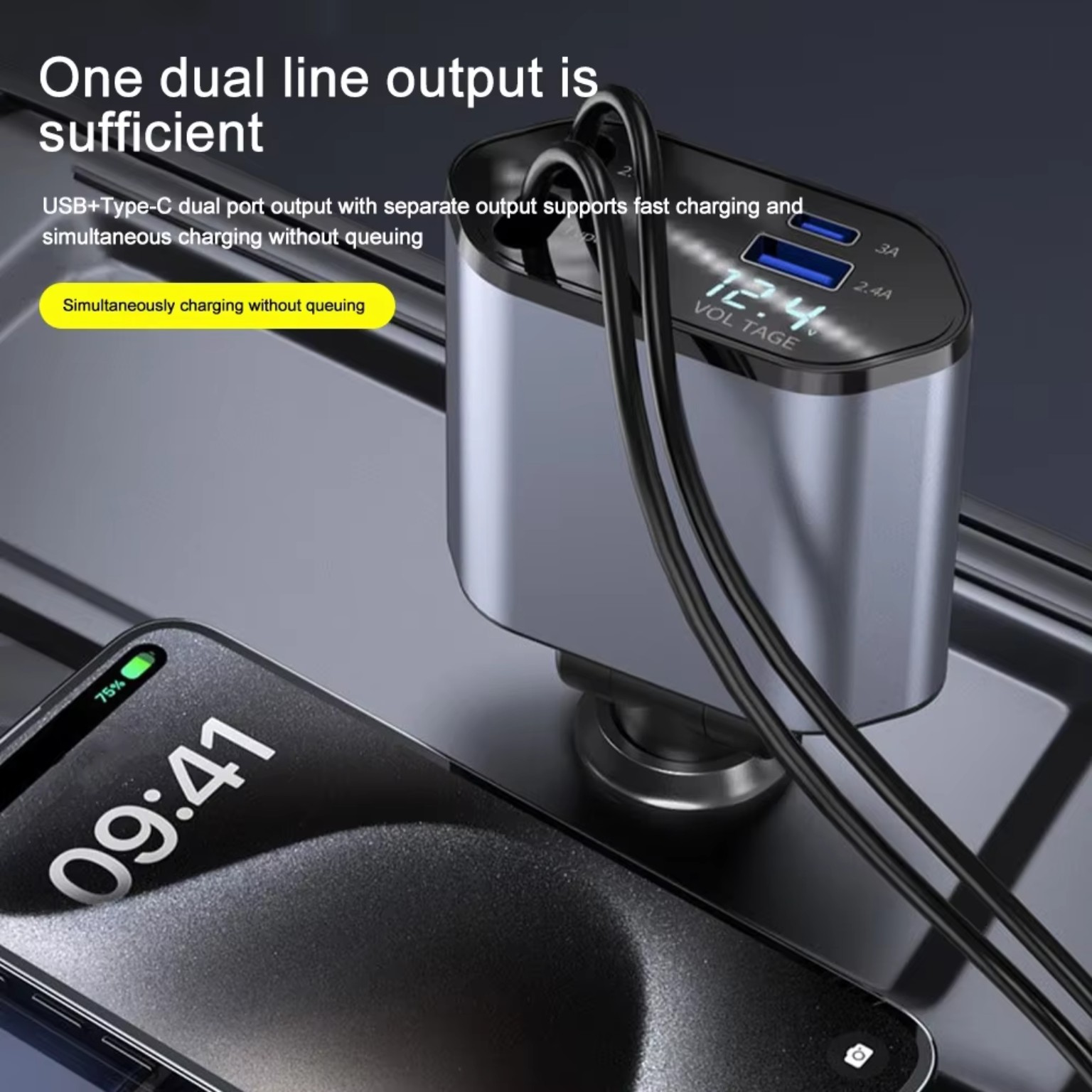 Retractable Dual-Line Car Charger • USB + Type-C Fast Charging product image