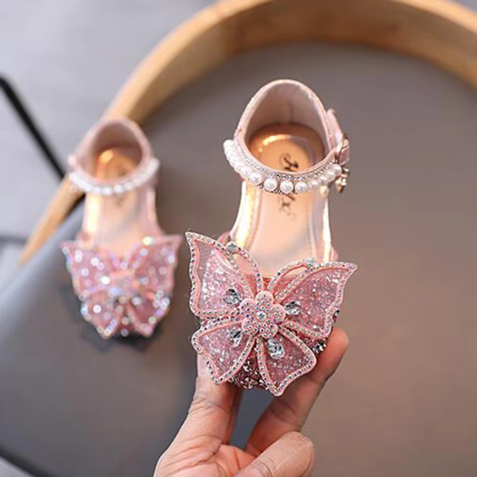 Girls princess sandals with rhinestone bow and pearl ankle strap