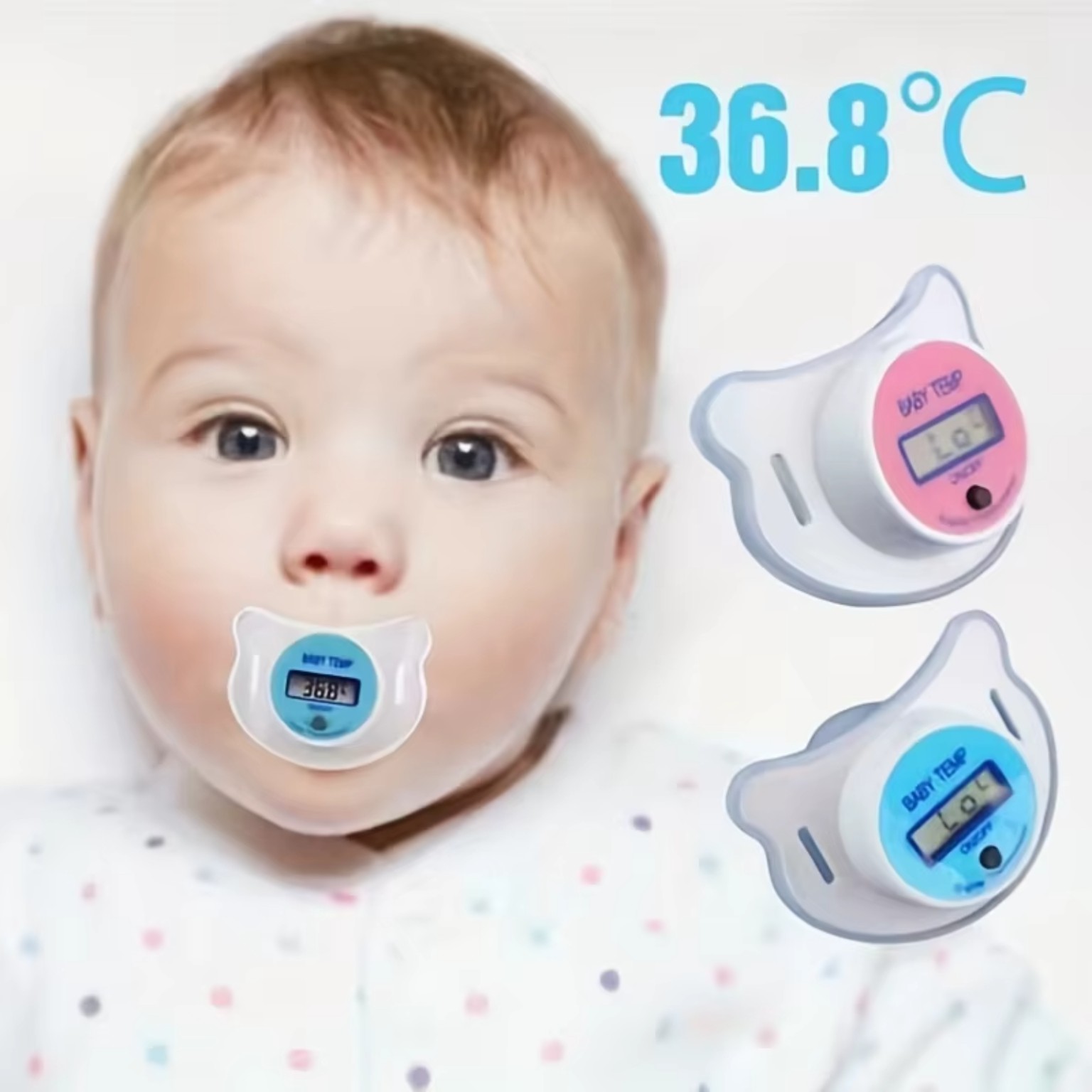 Baby pacifier digital thermometer showing 36.8 degrees Celsius