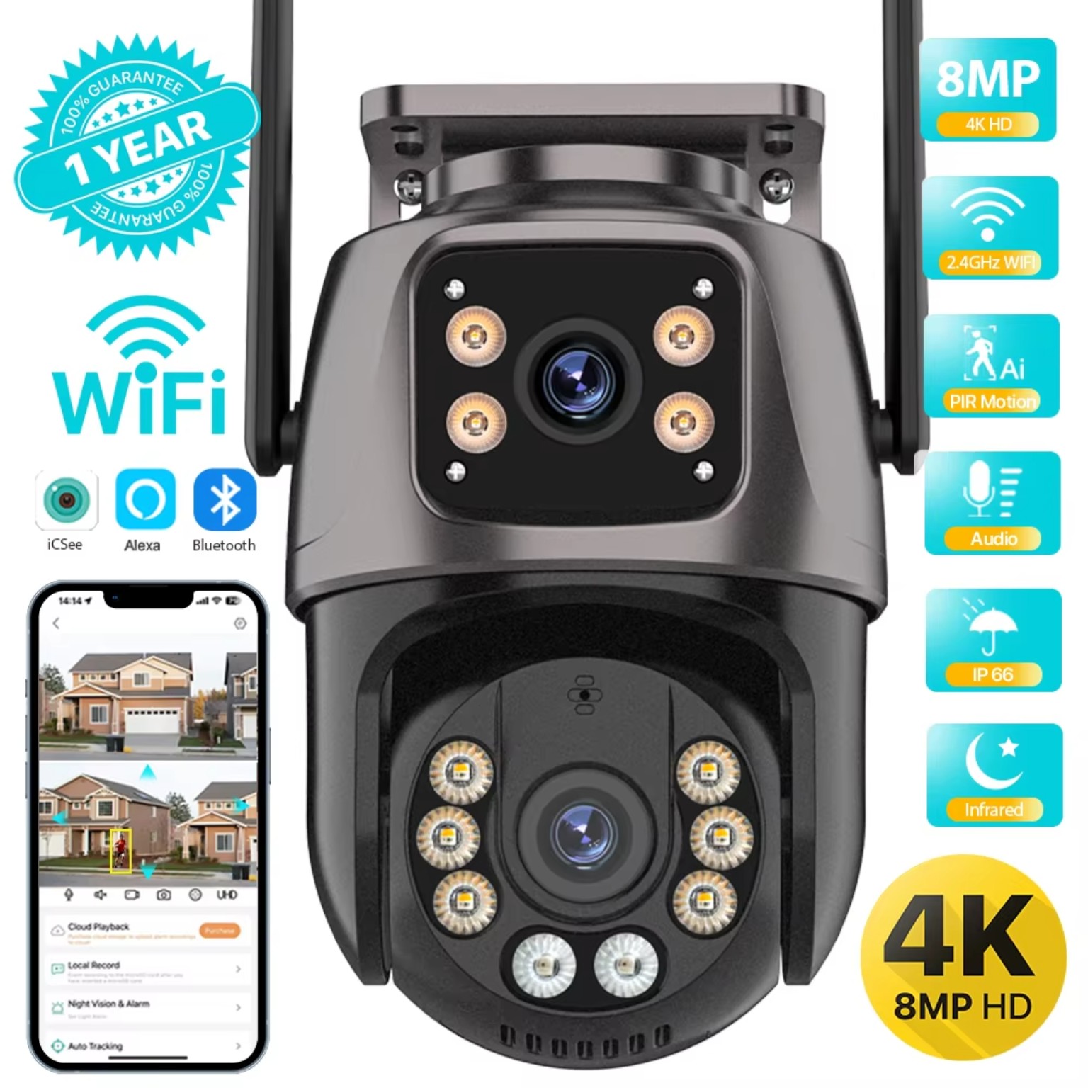 4K 8MP WiFi PTZ Outdoor Dual Lens Security Camera